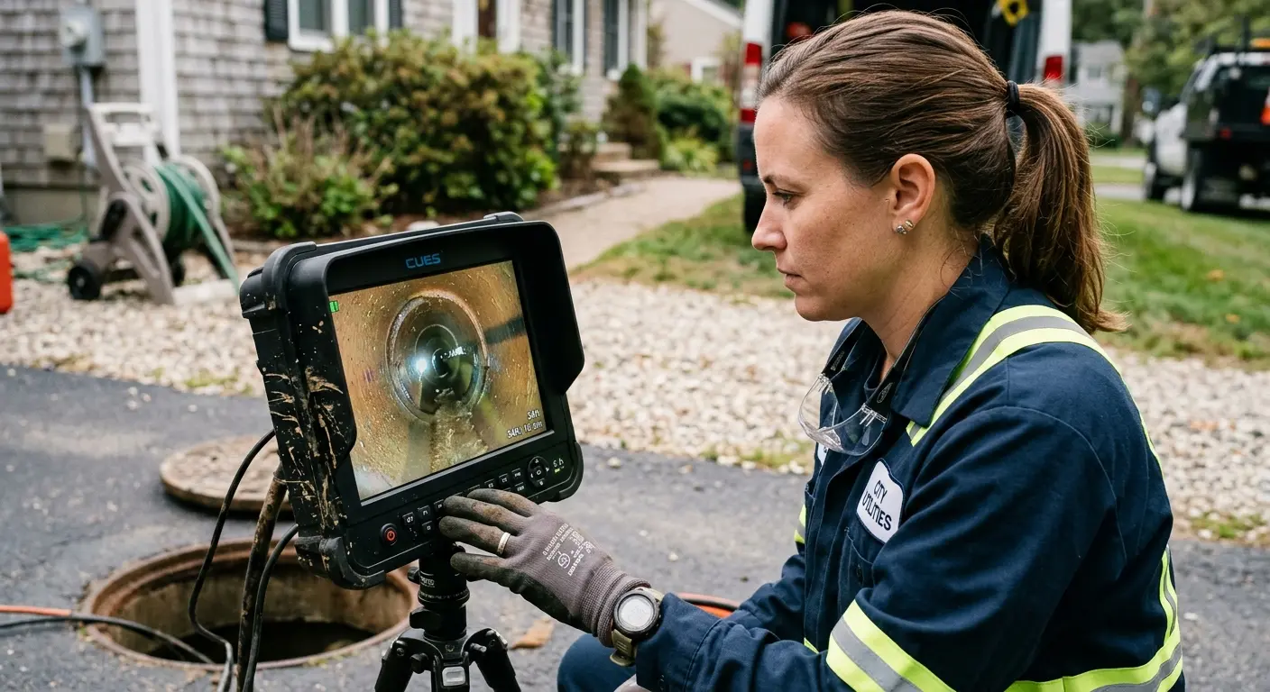 Technician reviewing sewer camera inspection footage in Kennett
