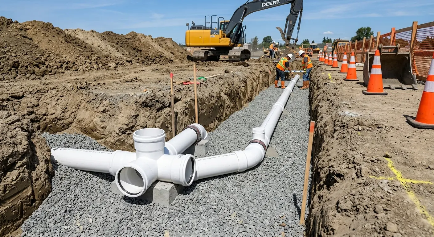 New PVC sewer pipe installation in open trench for Sewer Backup in Kennett