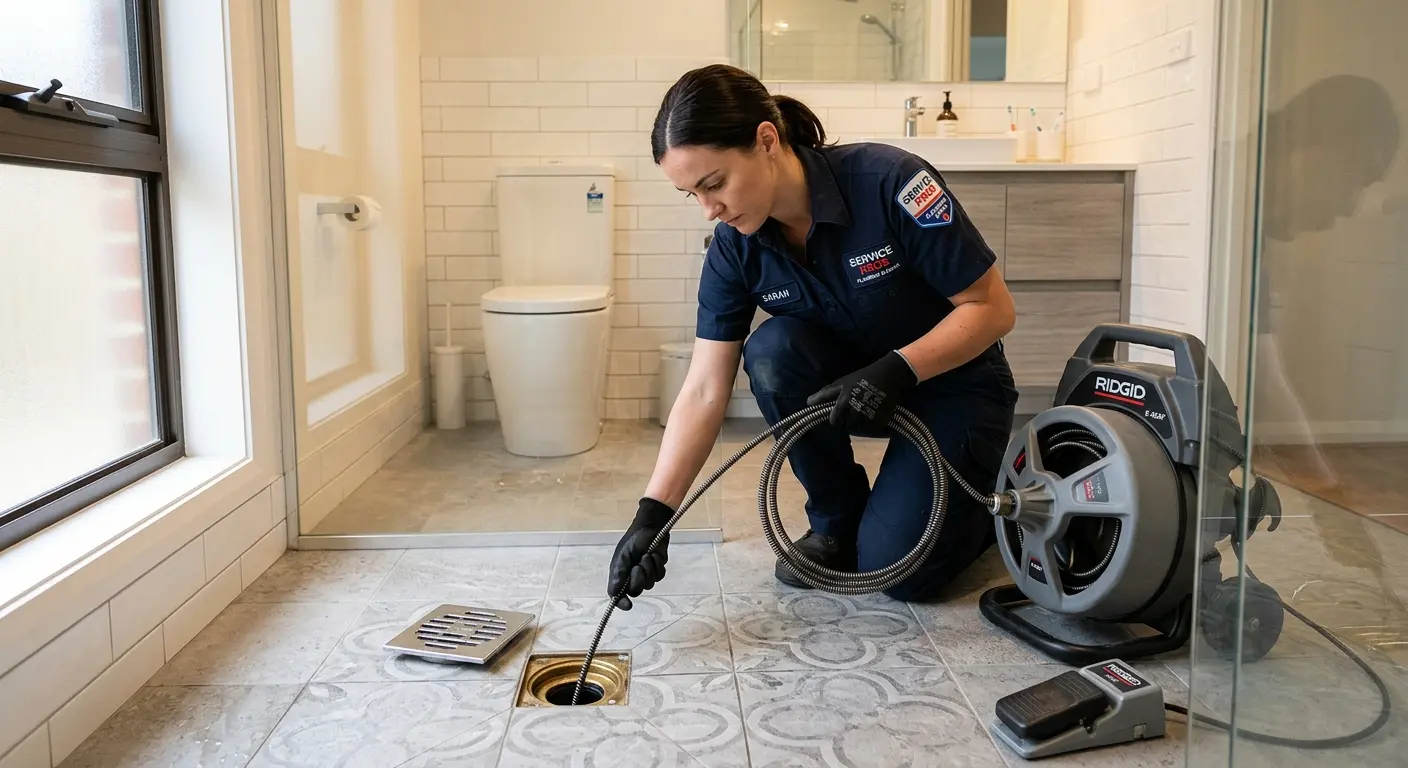 Technician clearing a bathroom floor drain for Drain Cleaning in Kennett